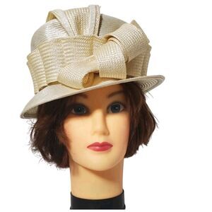 Meril Vintage Straw Church Hat Cream Large Bow Womens